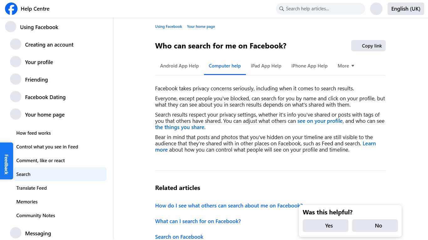 Who can search for me on Facebook? | Facebook Help Centre